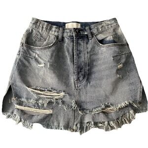 One Teaspoon Vanguard Mid Waist Denim‎ Mini Skirt Size 26 Relaxed Fit Distressed